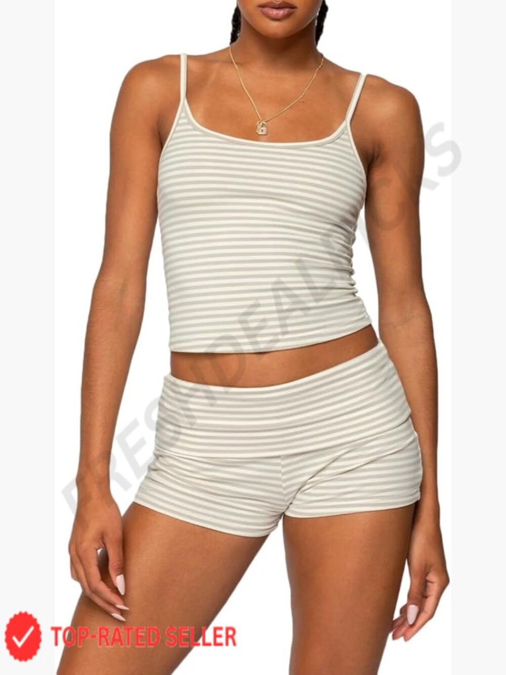 Women Striped Sleeveless Crop Cami Top Lounge Shorts PJS 2 Piece Matching